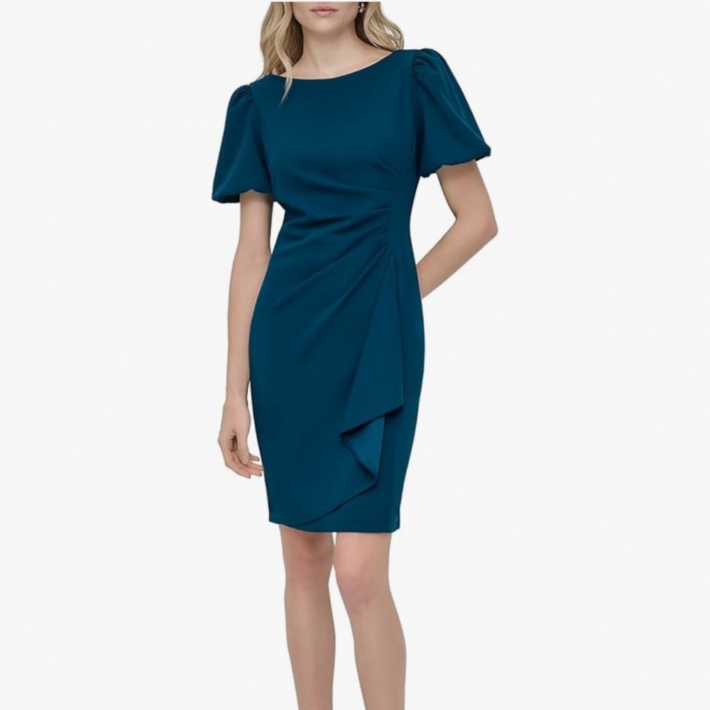 NWT! DKNY short sleeved ruched dress, teal blue, size 4